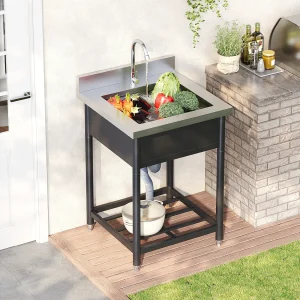 Buiten gootsteen op pootjes van roestvrij staal 60×60 cm – met kraan en afvoer – met plank – ruim enkelbakontwerp – zwart en zilver Buiten gootsteen op pootjes van roestvrij staal 60×60 cm – met kraan en afvoer – met plank – ruim enkelbakontwerp – zwart en zilver