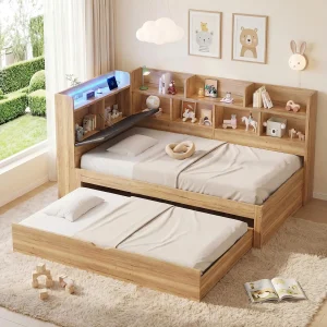 Dagbed 90 x 200 cm met uitschuifbaar bed 90 x 190 cm – Kinderbed met ledverlichting en USB-poorten – Houtkleur Dagbed 90 x 200 cm met uitschuifbaar bed 90 x 190 cm – Kinderbed met ledverlichting en USB-poorten – Houtkleur