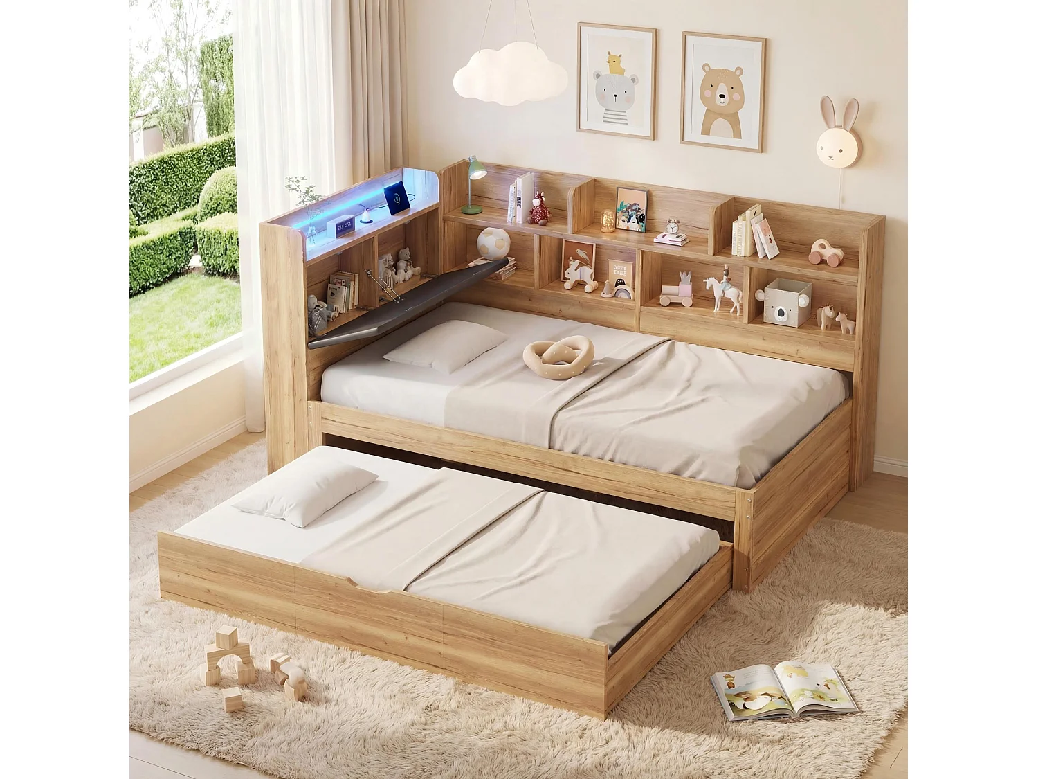 Dagbed 90 x 200 cm met uitschuifbaar bed 90 x 190 cm - Kinderbed met ledverlichting en USB-poorten - Houtkleur