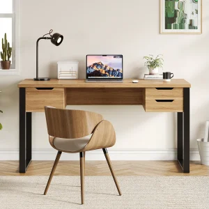 Bureau 130x55x76 cm – 3 opberglades – Blad van melamine – Metalen poten – Kleur natuurlijk hout en zwart