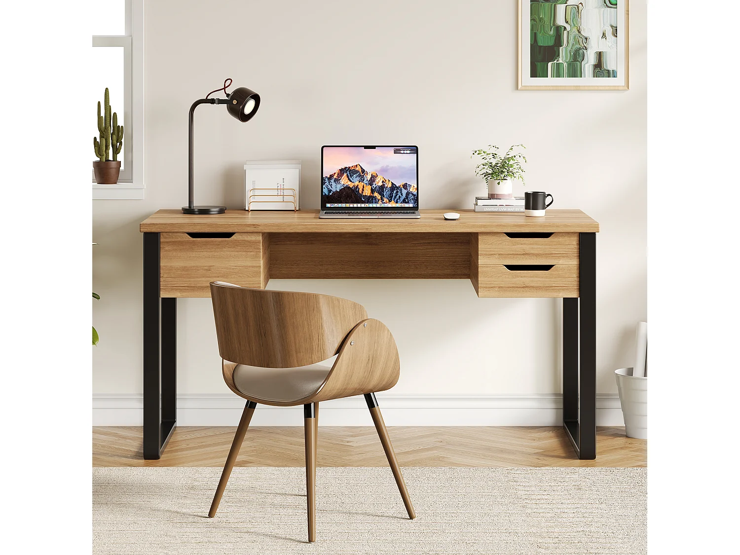 Bureau 130x55x76 cm - 3 opberglades - Blad van melamine - Metalen poten - Kleur natuurlijk hout en zwart