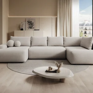 Grote panoramische converteerbare hoekbank links 8-zits beige gestructureerde stof DAVISO Grote panoramische converteerbare hoekbank links 8-zits beige gestructureerde stof DAVISO