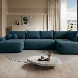 Grote panoramische slaapbank met chaise longue links voor 8 personen in blauw gestructureerd textiel DAVISO Grote panoramische slaapbank met chaise longue links voor 8 personen in blauw gestructureerd textiel DAVISO