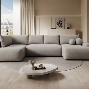 Grote panoramische rechte hoekbank converteerbaar 8 zitplaatsen taupe textielstof DAVISO Grote panoramische rechte hoekbank converteerbaar 8 zitplaatsen taupe textielstof DAVISO