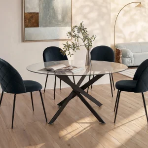 Ronde eettafel voor 6 personen in gehard glas en zwart metaal – Transparant – COSIMA