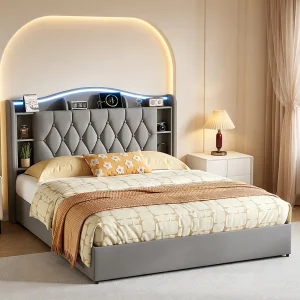Design opbergbed 140×190 cm in grijs fluweel met LED hoofdeinde, USB-oplader en geïntegreerde opbergruimte