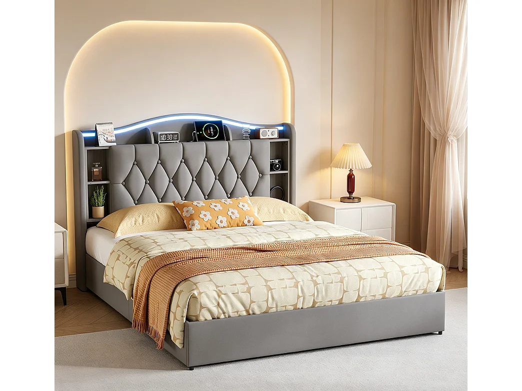 Design opbergbed 140x190 cm in grijs fluweel met LED hoofdeinde, USB-oplader en geïntegreerde opbergruimte