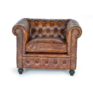 Bruine leren en metalen fauteuil