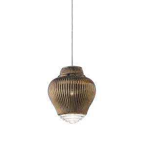 Clyde hanglamp van bronskleurig geblazen glas met Rigadin-afwerking, grijze metalen structuur en stoffen kabels, hoogte 315 cm, E27 Clyde hanglamp van bronskleurig geblazen glas met Rigadin-afwerking, grijze metalen structuur en stoffen kabels, hoogte 315 cm, E27