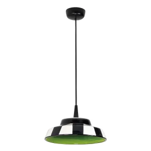 Circusgroene hanglamp van ambachtelijk keramiek, gemaakt in Italië, 8W LED 2700K, diameter 24 cm, hoogte 300 cm, tweekleurig gestreept design.