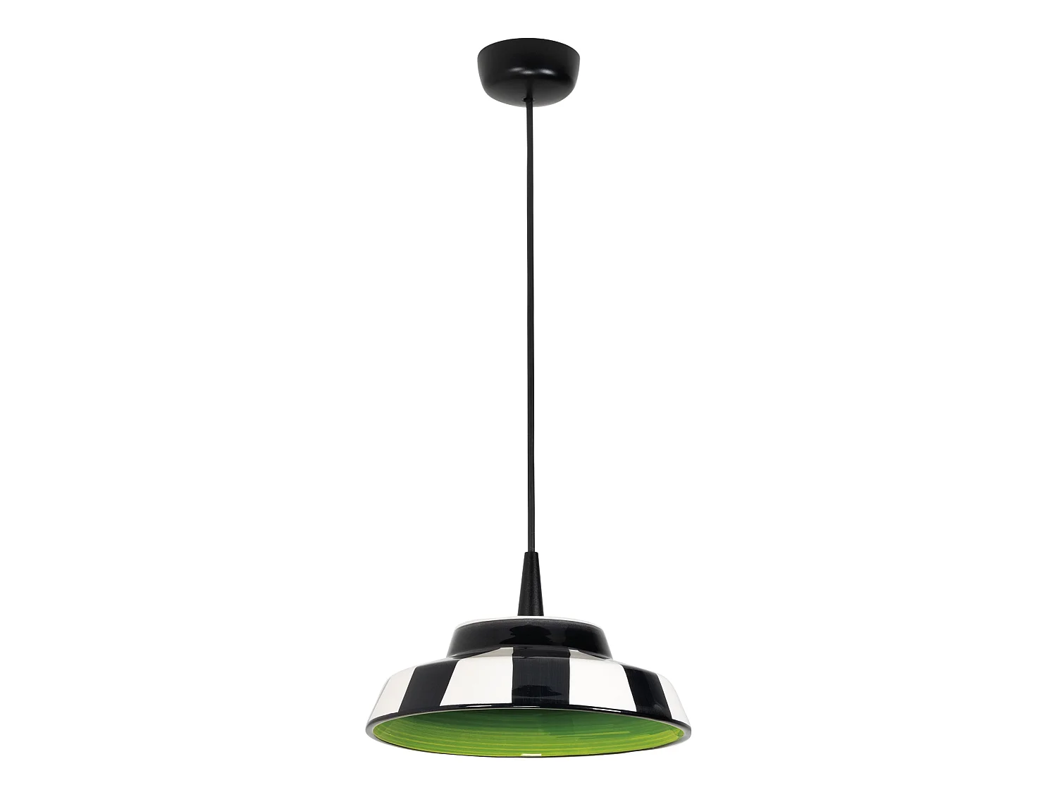 Circusgroene hanglamp van ambachtelijk keramiek, gemaakt in Italië, 8W LED 2700K, diameter 24 cm, hoogte 300 cm, tweekleurig gestreept design.