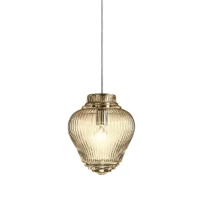Clyde hanglamp van amberkleurig geblazen glas met Rigadin-afwerking en een grijze metalen structuur, diameter 23 cm, hoogte 315 cm Clyde hanglamp van amberkleurig geblazen glas met Rigadin-afwerking en een grijze metalen structuur, diameter 23 cm, hoogte 315 cm
