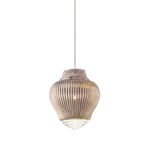 Clyde hanglamp van roségoudkleurig geblazen glas met Rigadin-afwerking en een grijze metalen structuur, in hoogte verstelbaar, modulair ontwerp. Clyde hanglamp van roségoudkleurig geblazen glas met Rigadin-afwerking en een grijze metalen structuur, in hoogte verstelbaar, modulair ontwerp.