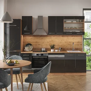 Complete keukeneenheid antraciet hoogglans/goud eiken 300x60x81.6 fame-line Complete keukeneenheid antraciet hoogglans/goud eiken 300x60x81.6 fame-line