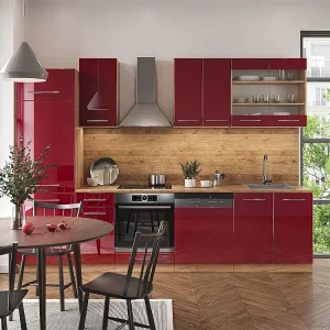 Complete keukeneenheid bordeaux hoogglans/gouden eik 300x60x81.6 fame-line