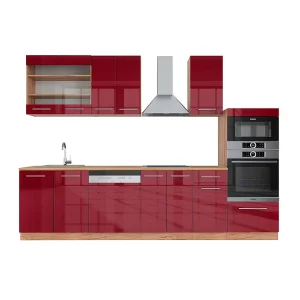 Complete keukeneenheid bordeaux hoogglans/gouden eik 300x60x81.6 fame-line