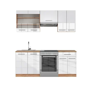 Complete keukeneenheid wit hoogglans/goud power eiken 200x60x81.6 fame-line Complete keukeneenheid wit hoogglans/goud power eiken 200x60x81.6 fame-line