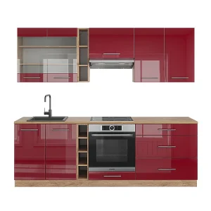 Complete keukeneenheid bordeaux hoogglans/gouden eik 235x60x81.6 fame-line Complete keukeneenheid bordeaux hoogglans/gouden eik 235x60x81.6 fame-line