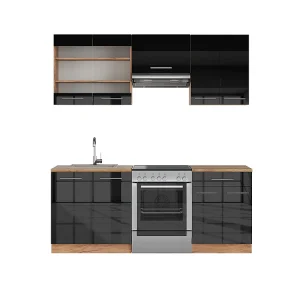 Complete keukeneenheid antraciet hoogglans/goud eiken 200x60x81.6 fame-line Complete keukeneenheid antraciet hoogglans/goud eiken 200x60x81.6 fame-line