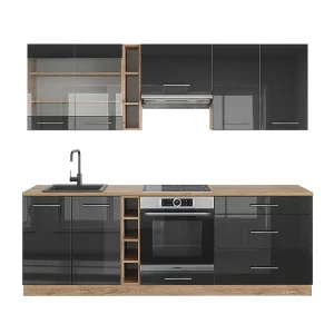 Complete keukeneenheid antraciet hoogglans/goud eiken 235x60x81.6 fame-line Complete keukeneenheid antraciet hoogglans/goud eiken 235x60x81.6 fame-line