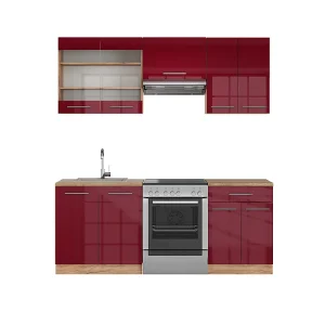 Complete keukeneenheid bordeaux hoogglans/gouden eik 200x60x81.6 fame-line Complete keukeneenheid bordeaux hoogglans/gouden eik 200x60x81.6 fame-line