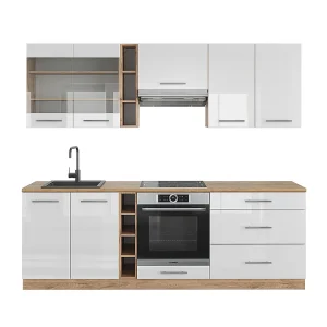 Complete keukeneenheid wit hoogglans/goud power eiken 235x60x81.6 fame-line Complete keukeneenheid wit hoogglans/goud power eiken 235x60x81.6 fame-line
