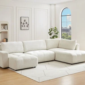Grote beige panoramische hoekbank links in chenille stof CELARO Grote beige panoramische hoekbank links in chenille stof CELARO