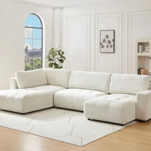 Grote panoramische hoekbank rechts in beige chenille stof CELARO Grote panoramische hoekbank rechts in beige chenille stof CELARO