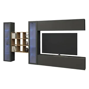 Dfancon wandsysteem, 4-deurs TV-meubel woonkamerset, Multifunctioneel woonkamermeubel met vitrine en LED-licht, 100% Made in Italy, 350x30h180 cm, Antraciet Dfancon wandsysteem, 4-deurs TV-meubel woonkamerset, Multifunctioneel woonkamermeubel met vitrine en LED-licht, 100% Made in Italy, 350x30h180 cm, Antraciet