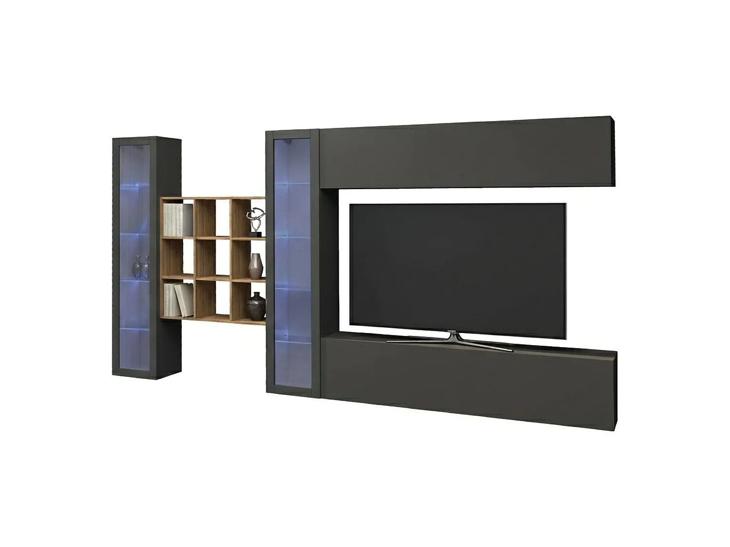 Dfancon wandsysteem, 4-deurs TV-meubel woonkamerset, Multifunctioneel woonkamermeubel met vitrine en LED-licht, 100% Made in Italy, 350x30h180 cm, Antraciet