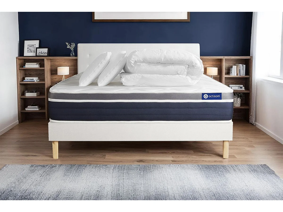 Compleet bedpakket - Matras 140x200 cm + Boxspring met lattenbodem (in kit) + 2 kussens + Dekbed - Actiflex Confort