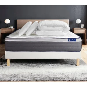 Compleet bedpakket – Matras 140×190 cm + Boxspring met lattenbodem (in kit) + 2 kussens + Dekbed – Actiflex Plus