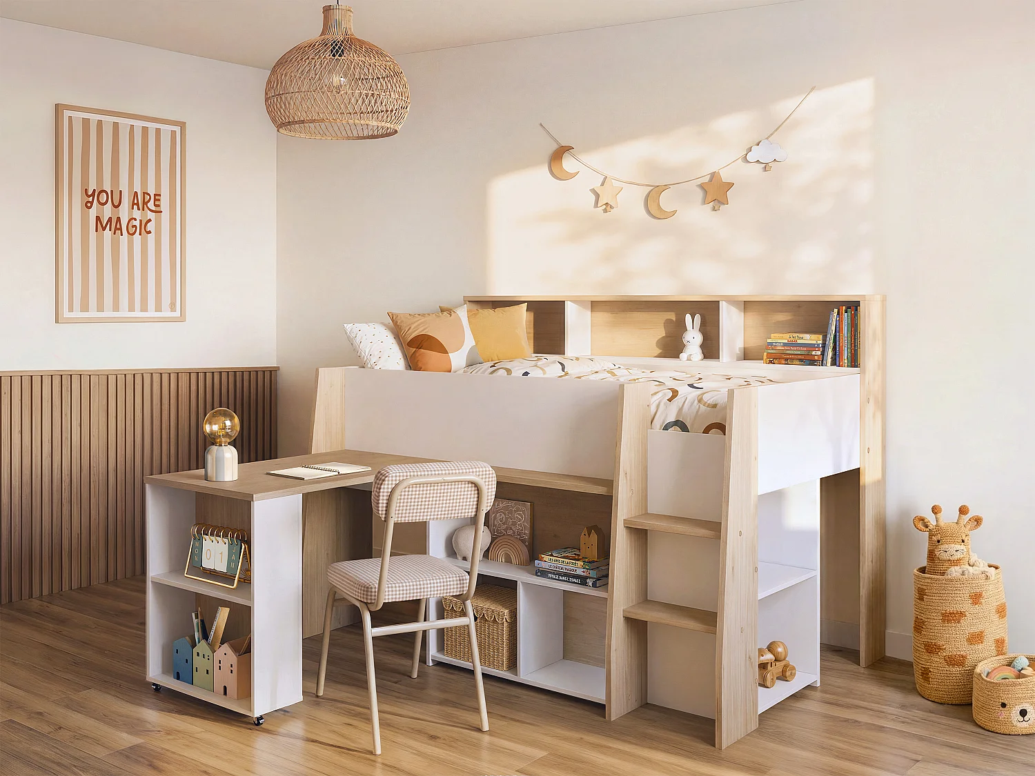 Combinatiebed – 90 x 200 cm – Met bureau en opbergruimte – Wit en houtlook – APOLINO