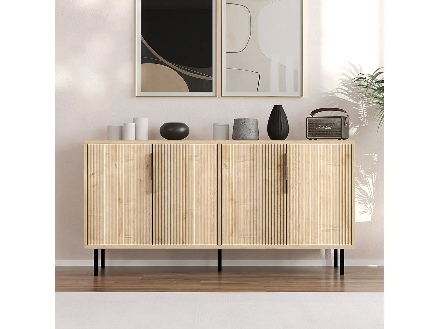 Buffet met 4 deuren in houtlook 150x75cm CIARO - Natuurlijke elegantie van hout, eigentijds design, praktische opbergruimte