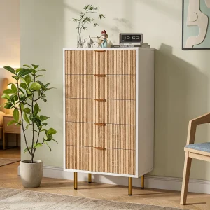 Ladekast met 5 laden – met gegroefde panelen en gouden poten – 60 x 34 x 109,8 cm Ladekast met 5 laden – met gegroefde panelen en gouden poten – 60 x 34 x 109,8 cm