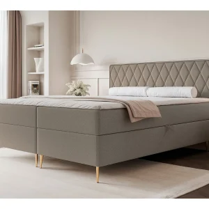 Continentaal bed – 160×200 cm – in lichtbruine chenillestof – CARESSO Continentaal bed – 160×200 cm – in lichtbruine chenillestof – CARESSO
