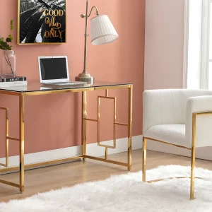 Bureau van gehard glas en staal – Goud en transparant – CLOTILDE – Koop nu online Bureau van gehard glas en staal – Goud en transparant – CLOTILDE – Koop nu online