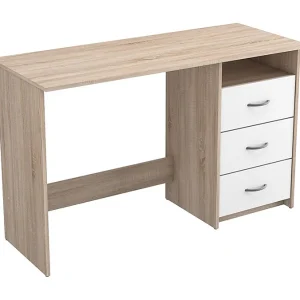 Aristote Natuurlijke en witte bureau met 3 laden en opbergruimte, gemaakt in Frankrijk, doe-het-zelf montage, MDF hout Aristote Natuurlijke en witte bureau met 3 laden en opbergruimte, gemaakt in Frankrijk, doe-het-zelf montage, MDF hout