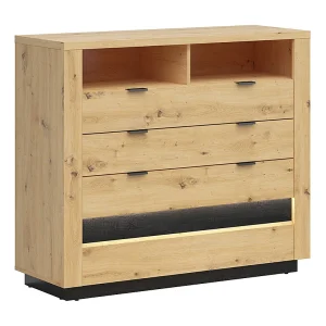 Commode met 4 laden 2 nissen met LED Glenn Hout en Zwart Commode met 4 laden 2 nissen met LED Glenn Hout en Zwart