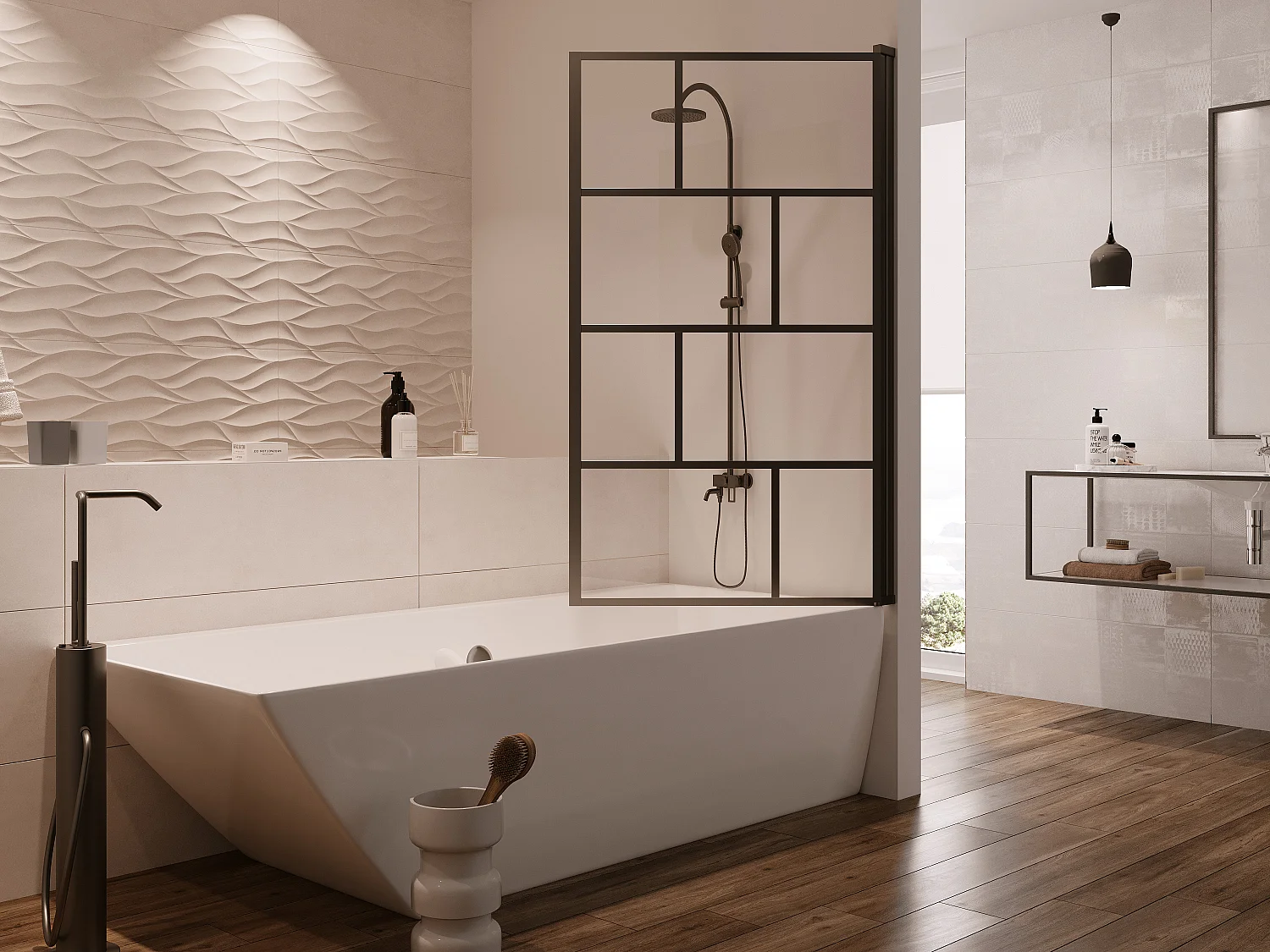Draaibaar badscherm industriële stijl - 80x140 cm - Zwart mat - Glas - RIVANON