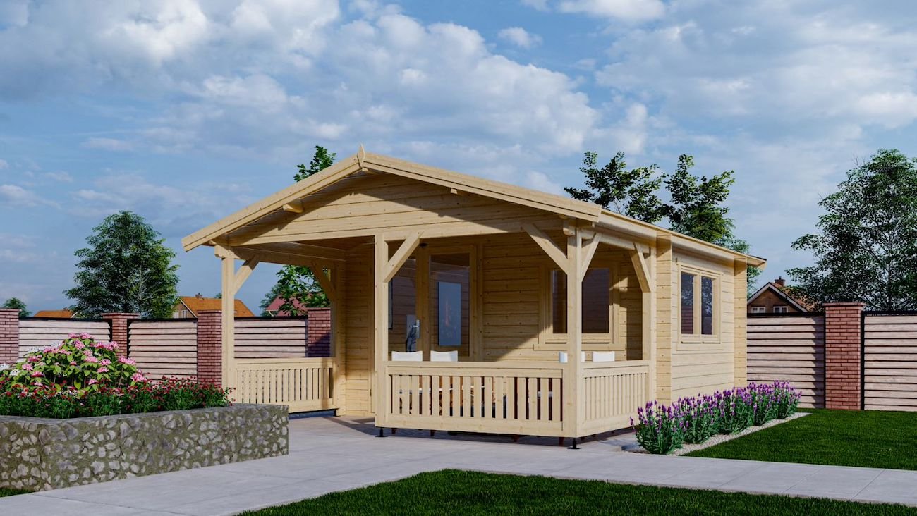 Blokhut 4×3+2 Interflex 440x550x265cm met Veranda 200 cm Wanddikte 50 mm