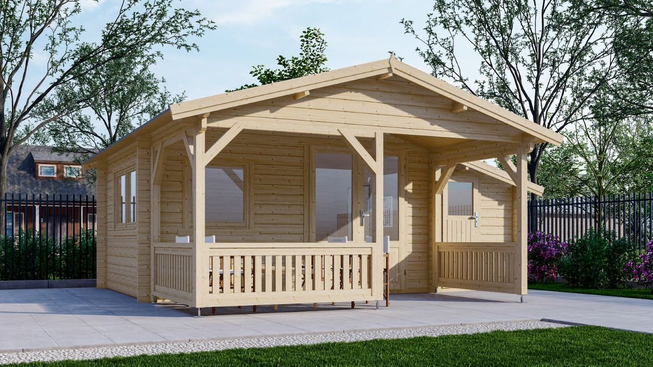 Blokhut 4×3+2 Z Interflex 595x545x265cm met Veranda 200 cm + Zijaanbouw 150 cm Wanddikte 50 mm
