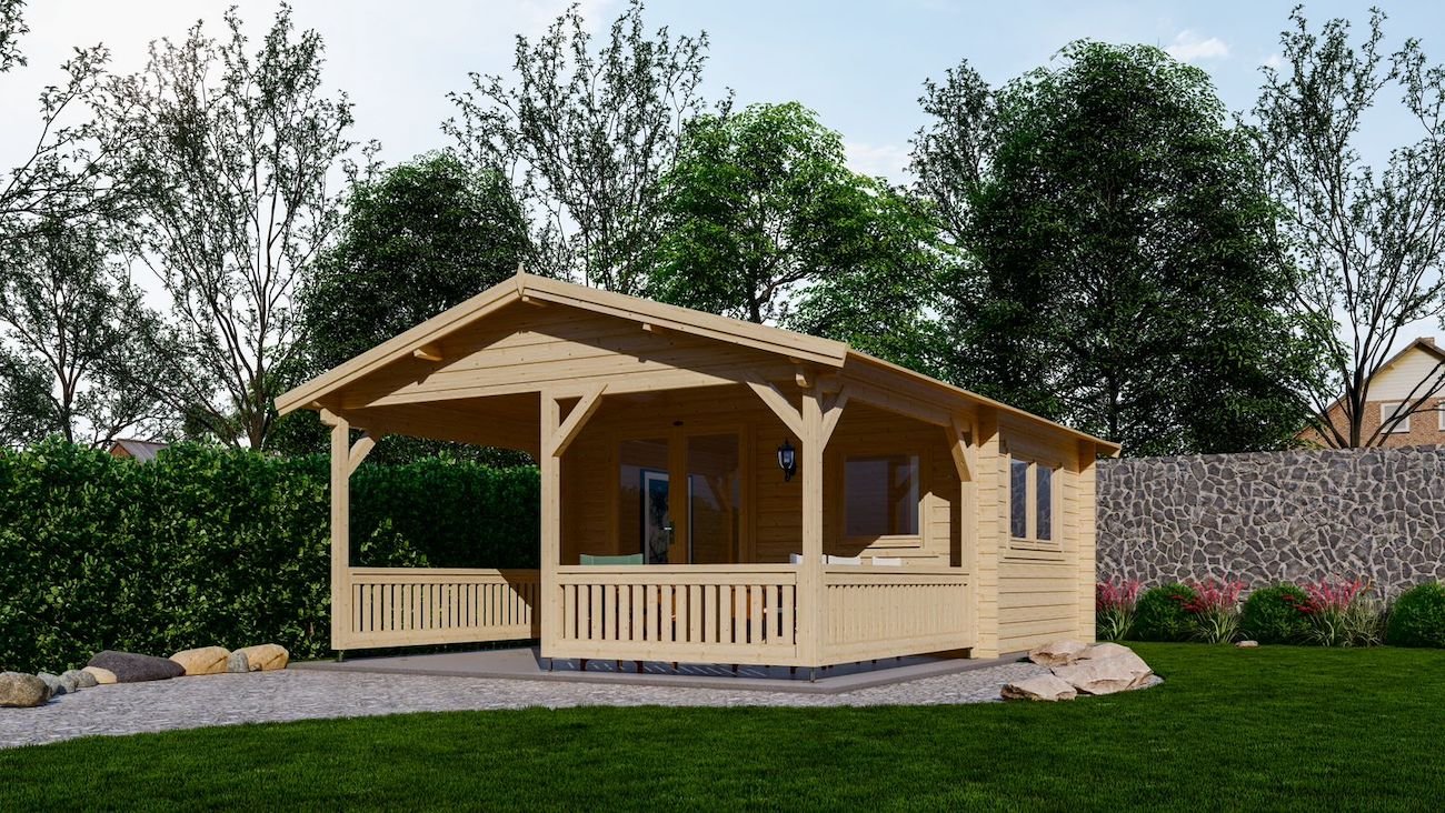 Blokhut 4×3+3 Interflex 440x645x265cm met Veranda 300 cm Wanddikte 50 mm