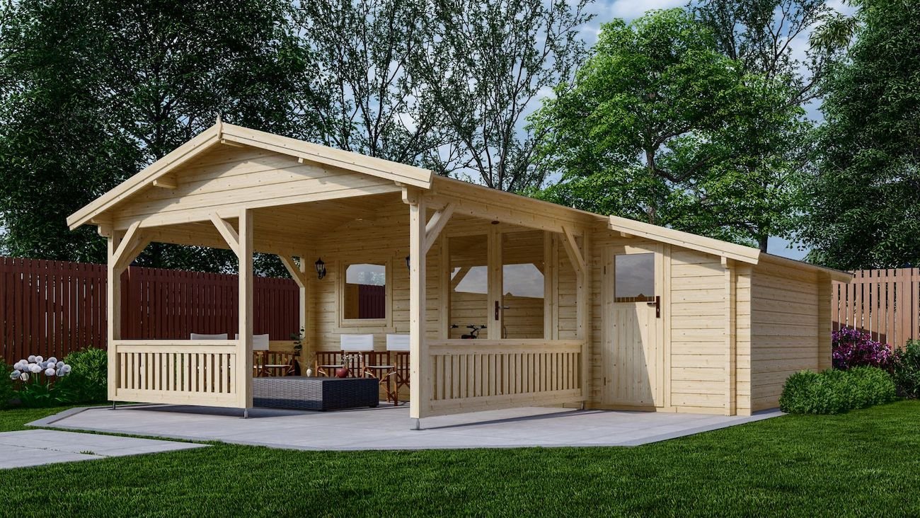 Blokhut 4×3+3Z Interflex 595x645x265cm met Veranda 300 cm + Zijaanbouw 150 cm Wanddikte 50 mm