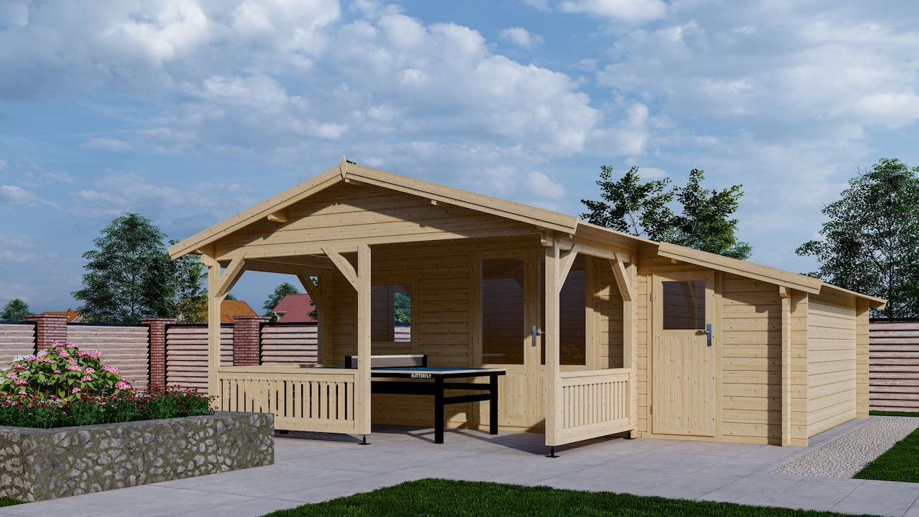 Blokhut 4×4+2Z Interflex 595x645x265cm met Veranda 200 cm + Zijaanbouw 150 cm Wanddikte 50 mm