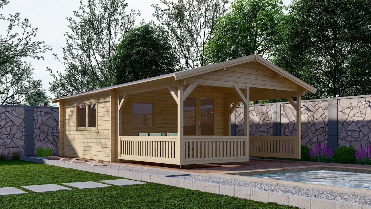Blokhut 4×4+3 Interflex 440x745x265cm met Veranda 300 cm Wanddikte 50 mm