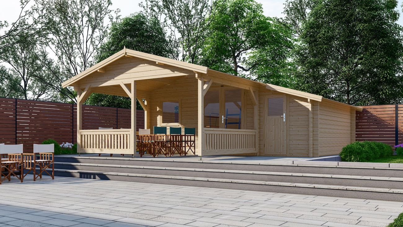 Blokhut 4×4+3Z Interflex 590x640x265cm met Veranda 300 cm + Zijaanbouw 150 cm Wanddikte 50 mm