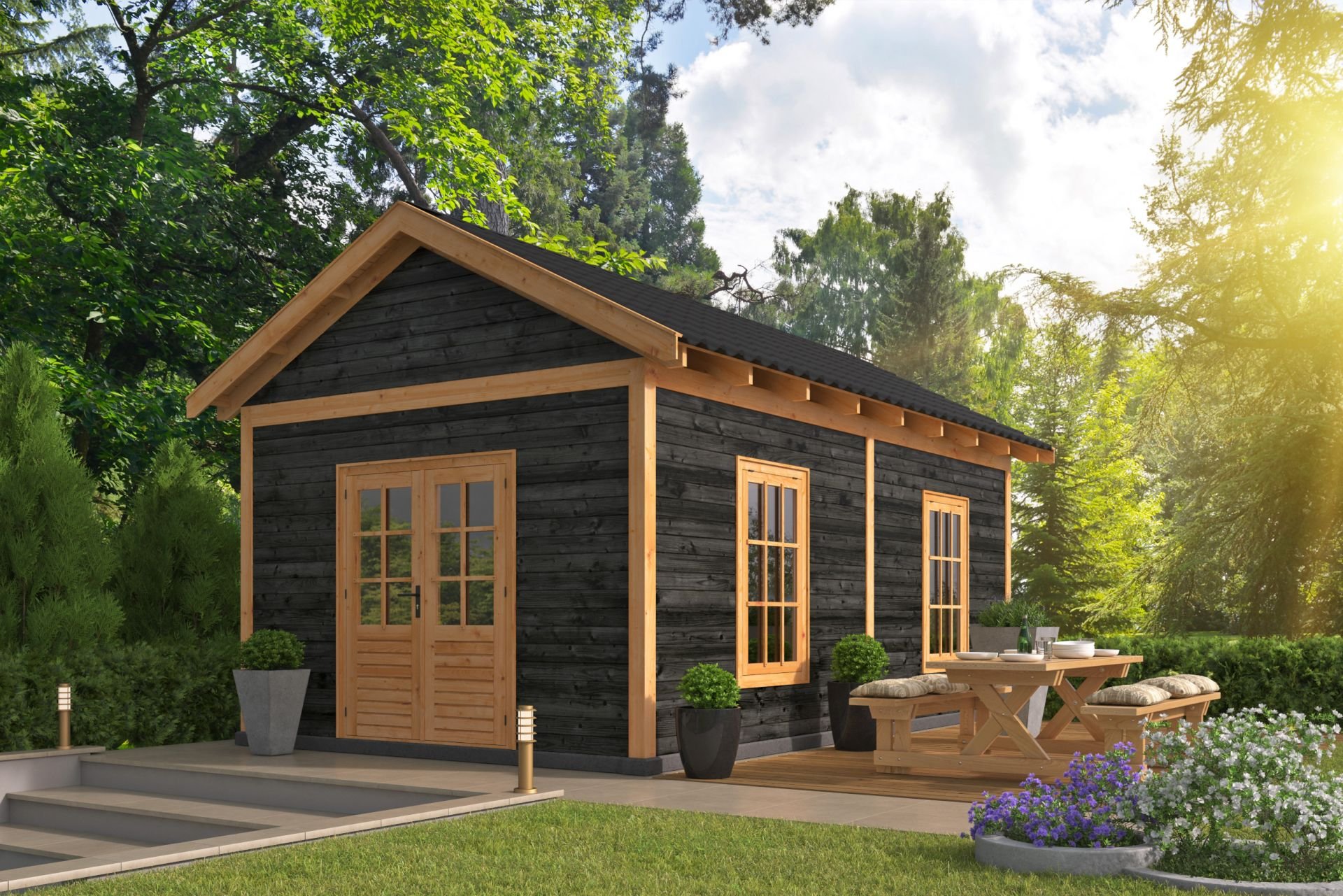 Tuinhuis zadeldak Hamar XL type 4 Douglas Geschaafd 678x445x360cm – Zwarte Wanden