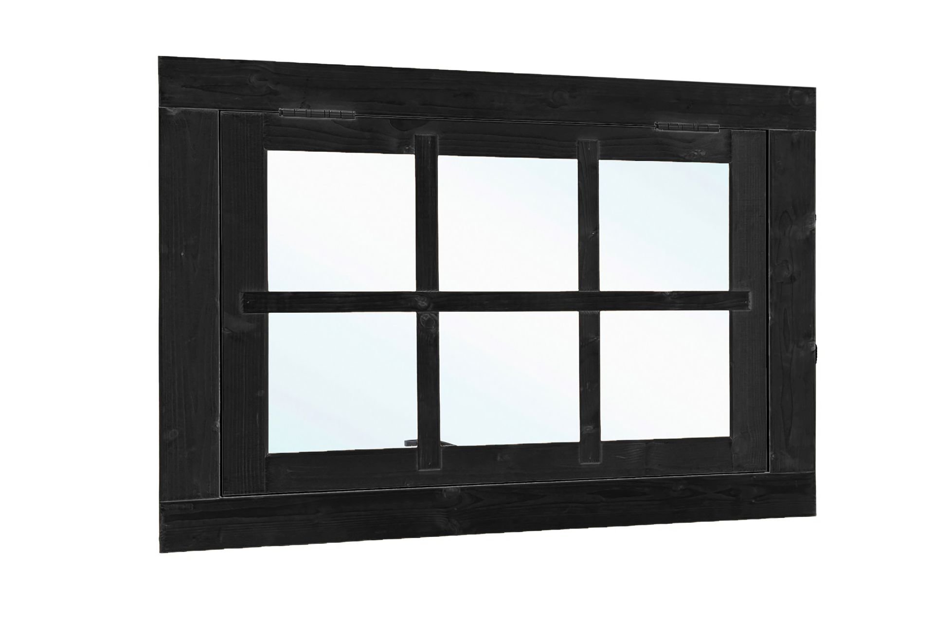 Vuren uitzetraam enkelglas 90×70 cm – zwart beslag – met luxe raambeslagset